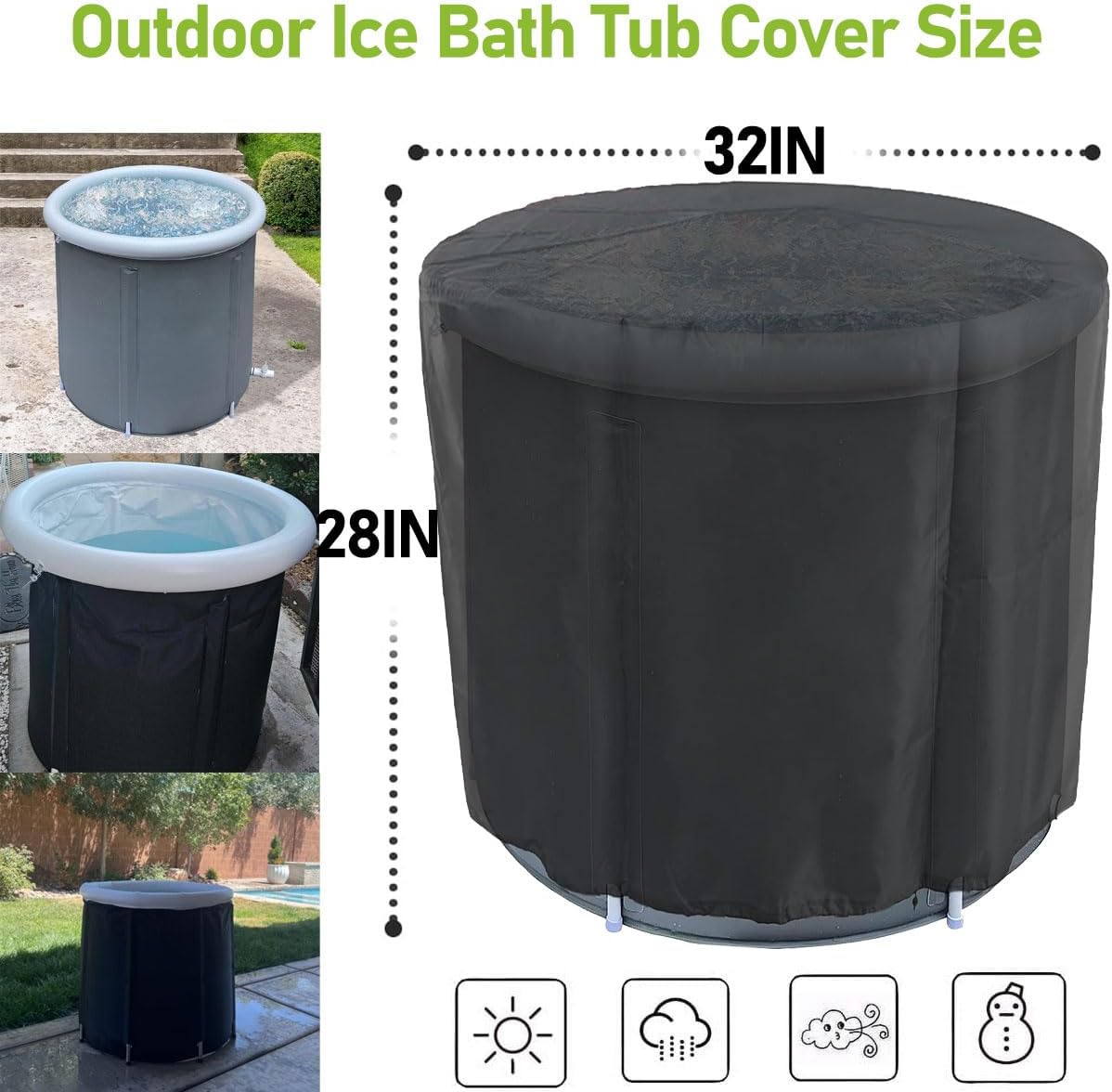 Ice Bath Tub Cover 420D Heavy Duty Waterproof Round Portable Ice Bath Tub Cover Cold Plunge Tub Cover for Outdoor Portable Ice Bath Barrel Plunge Pool 32" L x 32" W x 28" H