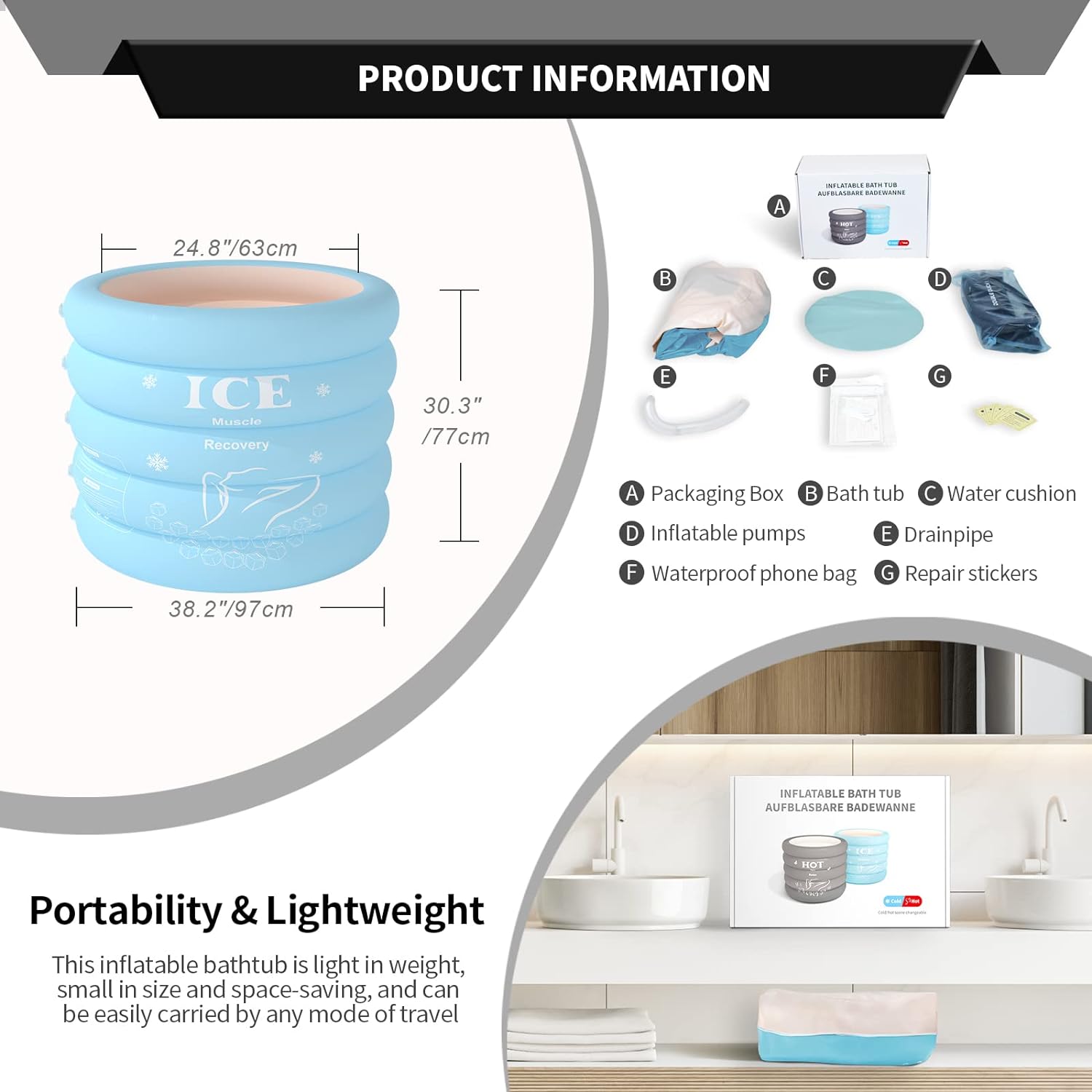 INFLATOAST XXXL Ice Bath Tub-Inflatable Bathtub-Ice Bath-Ice Bath Tub For Athletes-Portable Bathtub-Cold Plunge Tub With Air Pump,Ice Tub-Ideal For Outdoor/Camping/Garden/Recovery,44x30.6''(Burgundy)