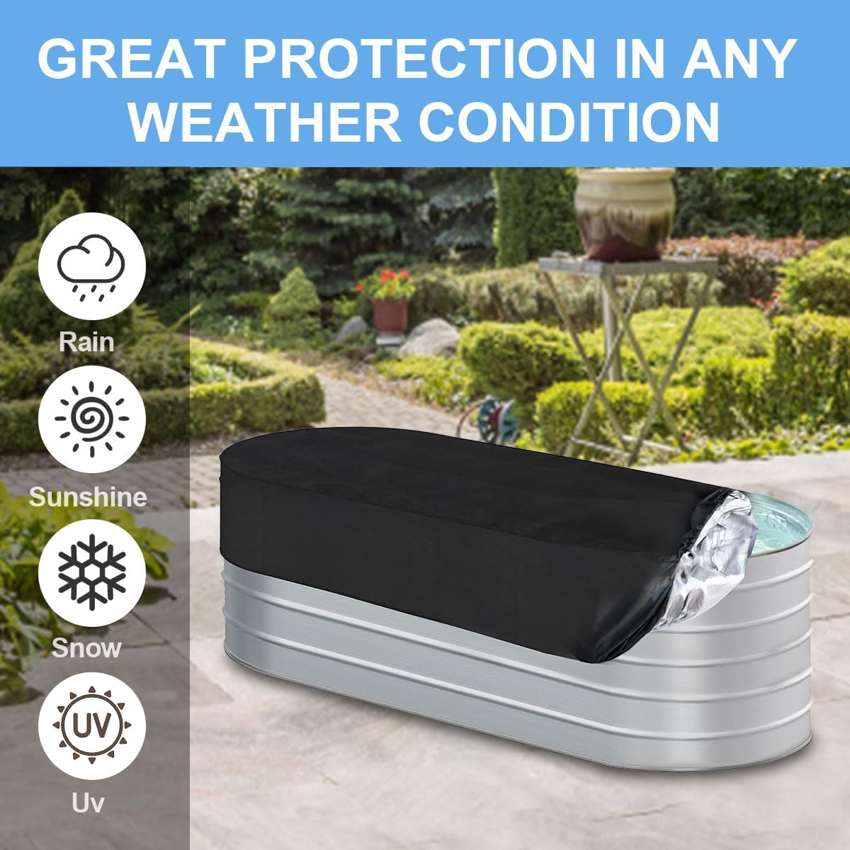 4ft Waterpoof Oval Stock Tank Pool Cover rubermaid Horse Trough Cold Plunge Tub for Farm Water Tank Cover Outdoor Ice Bath Tub Covers Protector for Round End Stock Tank Tub Outside 2 ft. x 4 ft.x 2 ft