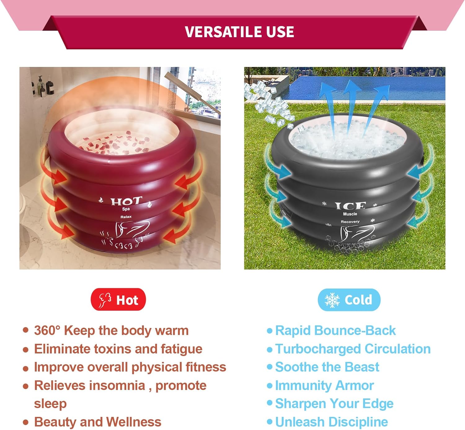INFLATOAST XXXL Ice Bath Tub-Inflatable Bathtub-Ice Bath-Ice Bath Tub For Athletes-Portable Bathtub-Cold Plunge Tub With Air Pump,Ice Tub-Ideal For Outdoor/Camping/Garden/Recovery,44x30.6''(Burgundy)
