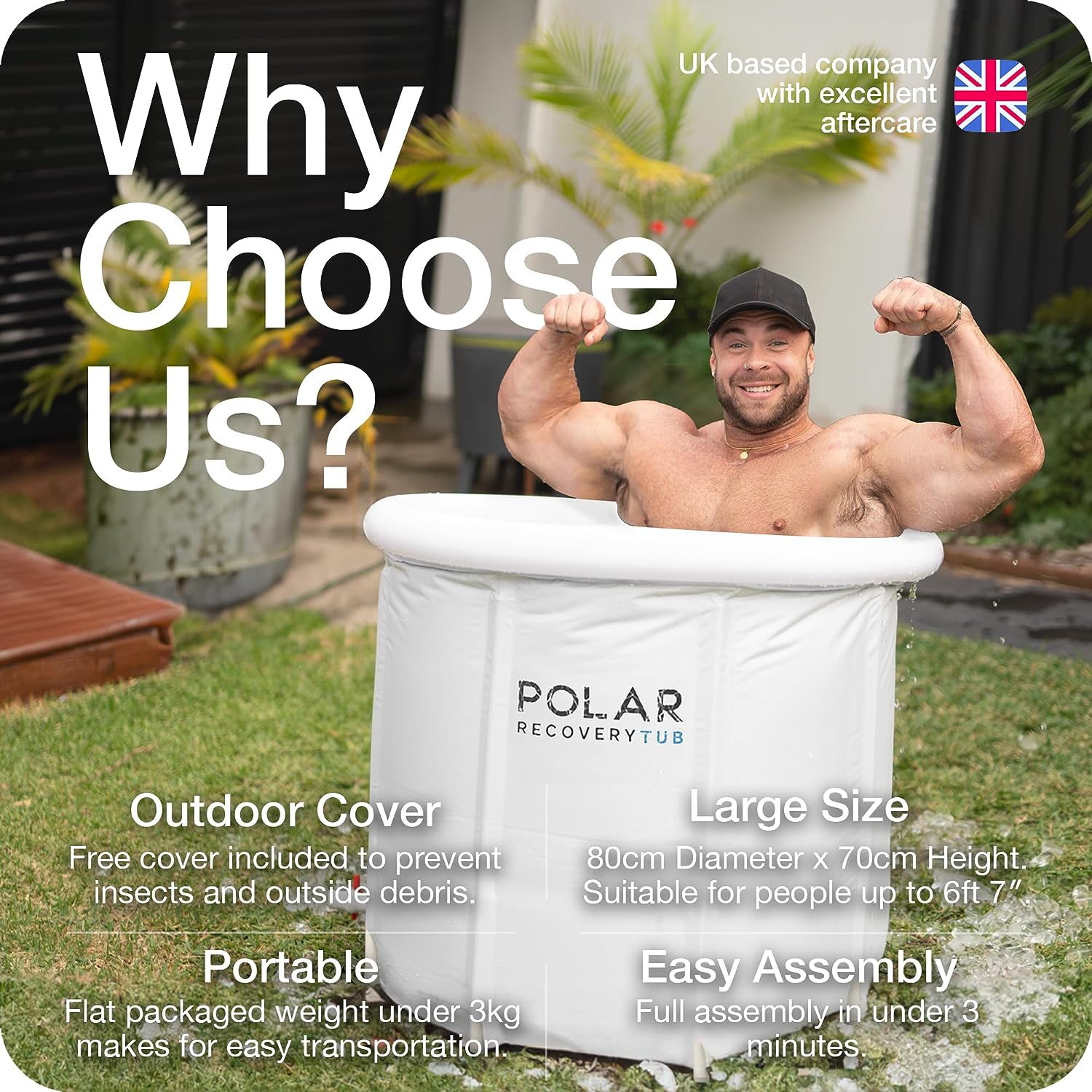 Polar Recovery Tub - Large Outdoor Portable Ice Bath with Lid for Cold Water Therapy & Ice Plunge - Cold Plunge Tub for Adults & Athletes Up to 6ft 7"