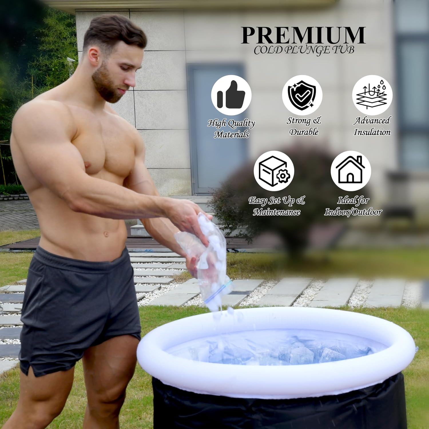 Portable and inflatable ice bath container with carrying case